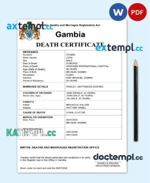 sample Gambia vital record death certificate Word and PDF template download