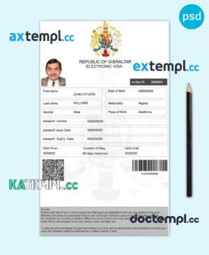 sample Gibraltar electronic visa PSD template, completely editable download