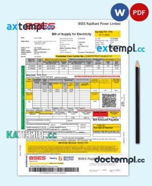 sample India BSES electricity utility bill Word and PDF template download
