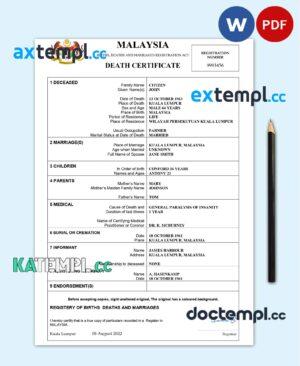 sample Malaysia death certificate template in Word and PDF format download