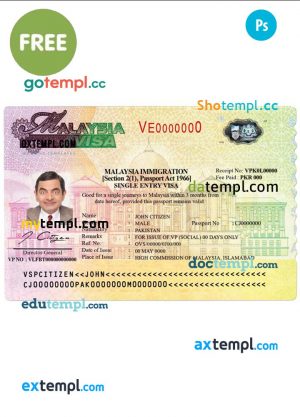sample Malaysia Visa PSD template, completely editable download