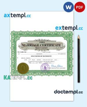 sample Samoa marriage certificate Word and PDF template, fully editable download
