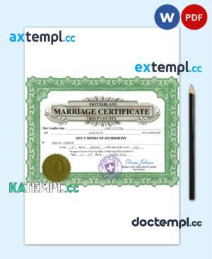 sample Switzerland marriage certificate Word and PDF template, completely editable download