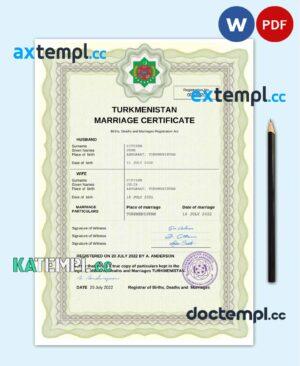 sample Turkmenistan marriage certificate Word and PDF template, fully editable download