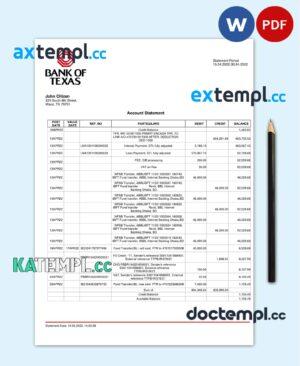 sample USA Bank of Texas account statement Word and PDF template download