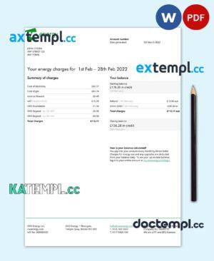sample United Kingdom Ovo Energy electricity bill, Word and PDF template download