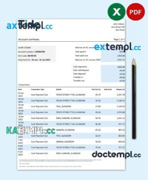 sample United Kingdom Tide bank statement, Excel and PDF template download
