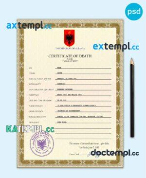 sample Albania death certificate fully editable template in PSD format download