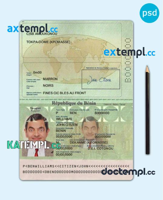 sample Benin passport PSD template, completely editable download
