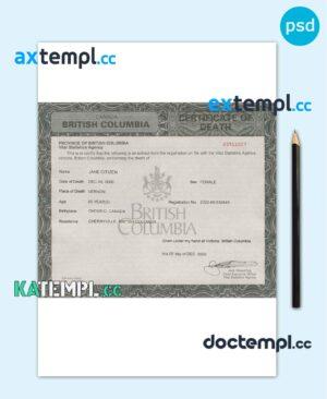 sample Canada British Columbia death certificate template in PSD format download