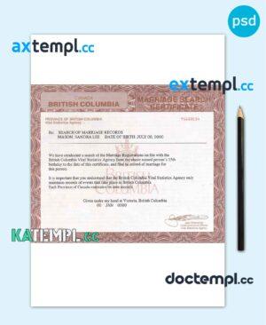 sample Canada British Columbia marriage certificate template in PSD format download