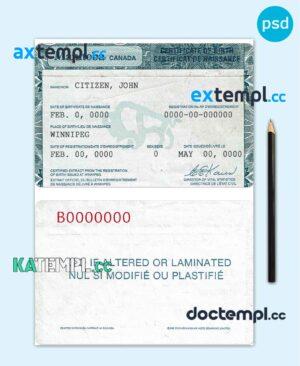sample Canada Manitoba province birth certificate PSD template, completely editable download