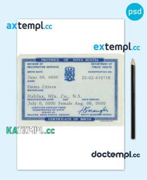 sample Canada Province of Nova Scotia birth certificate template in PSD format download