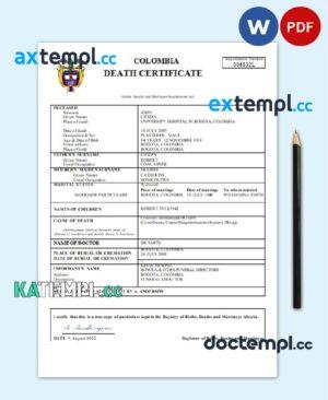 sample Colombia death certificate Word and PDF template, completely editable download