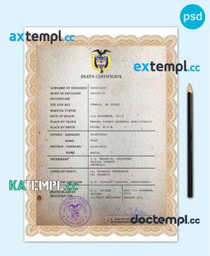 sample Colombia vital record death certificate PSD template, fully editable download
