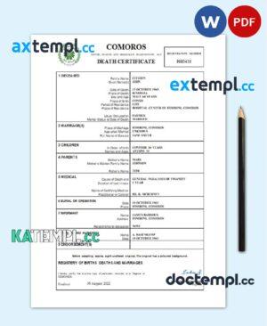 sample Comoros vital record death certificate Word and PDF template download