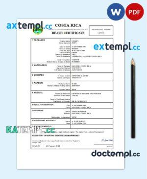 sample Costa Rica vital record death certificate Word and PDF template download