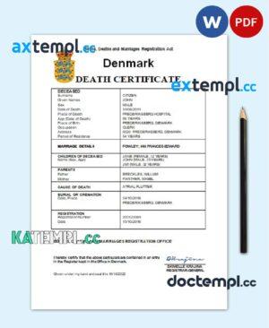 sample Denmark vital record death certificate Word and PDF template download