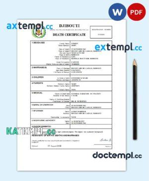 sample Djibouti death certificate Word and PDF template, completely editable download