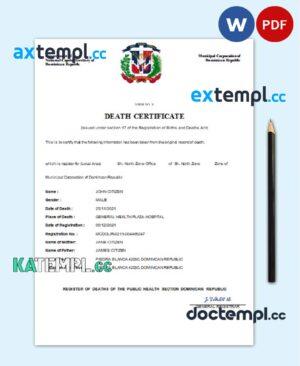sample Dominican Republic death certificate Word and PDF template, completely editable download