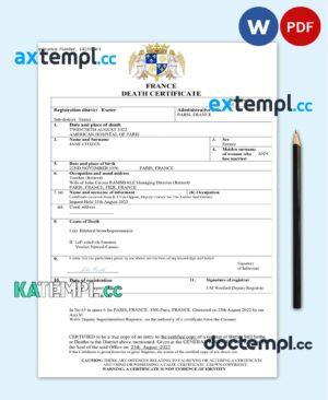 sample France vital record death certificate Word and PDF template download
