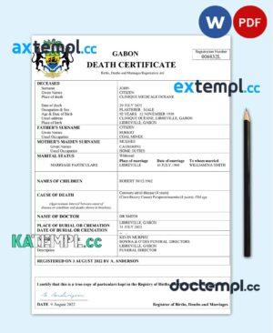 sample Gabon death certificate Word and PDF template, completely editable download