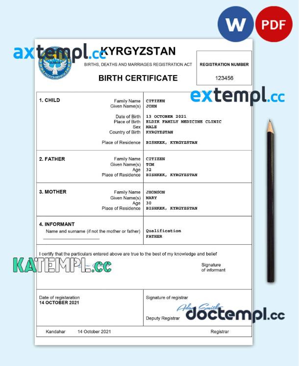 sample Kyrgyzstan birth certificate Word and PDF template, completely editable download