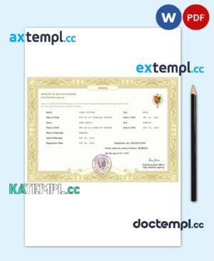 sample Senegal marriage certificate Word and PDF template, fully editable download