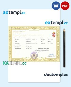 sample Serbia marriage certificate Word and PDF template, completely editable download