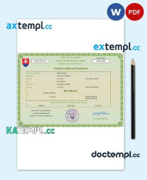 sample Slovakia marriage certificate Word and PDF template, completely editable download