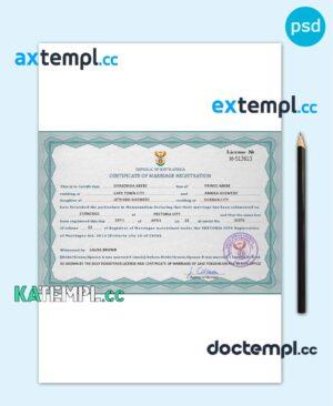 sample South Africa marriage certificate template in PSD format, fully editable download