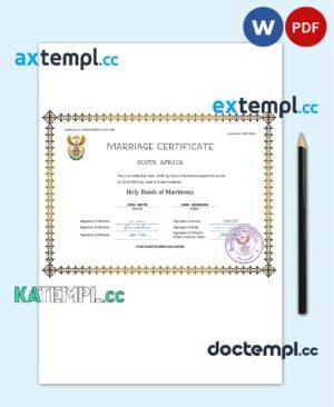 sample South Africa marriage certificate Word and PDF template, completely editable download