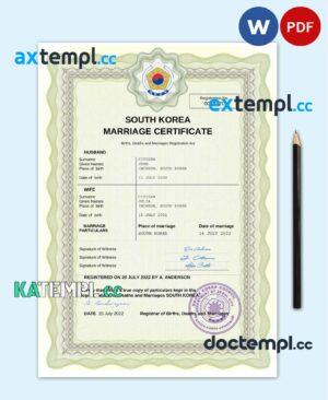 sample South Korea marriage certificate Word and PDF template, fully editable download