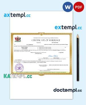 sample Trinidad and Tobago marriage certificate Word and PDF template, completely editable download