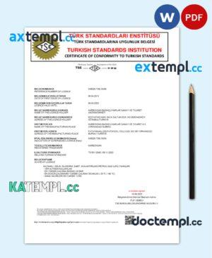 sample Turkey Turkish Standard Institution certificate of comformity to turkish standards Word and PDF template download
