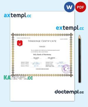 sample Turkey marriage certificate Word and PDF template, completely editable download