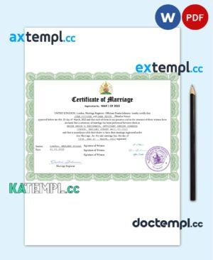sample United Kingdom marriage certificate Word and PDF template, fully editable download