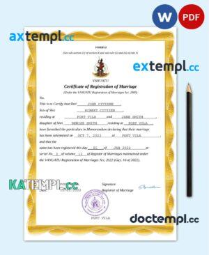 sample Vanuatu marriage certificate Word and PDF template, fully editable download