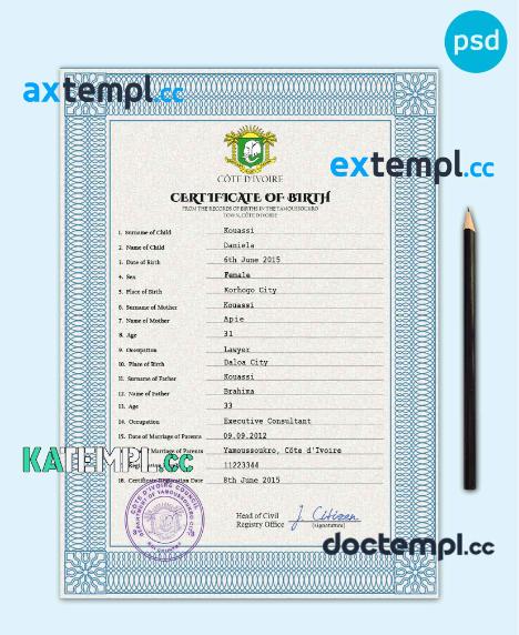sample Côte d’Ivoire vital record birth certificate PSD template, fully editable download