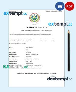 sample El Salvador vital record death certificate Word and PDF template download