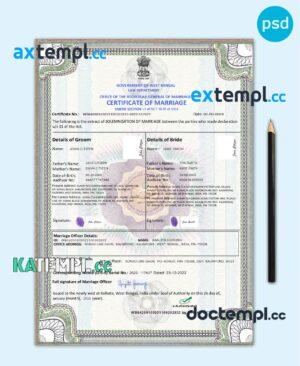 sample India marriage certificate template in PSD format, fully editable download