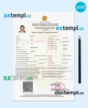 sample Andorra e-visa PSD template, completely editable, with fonts download