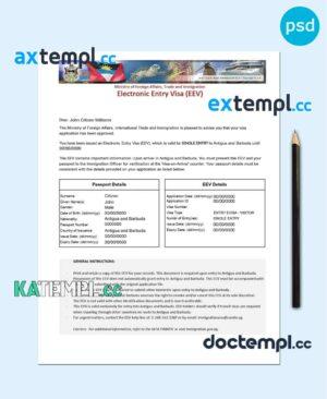 sample Antigua and Barbuda Electronic Entry Visa PSD template, completely editable, with fonts download