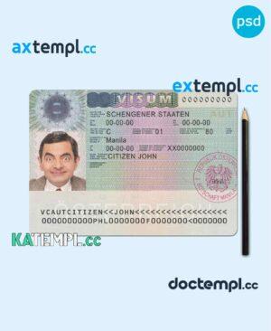 sample Austria schengen visa PSD template, fully editable download