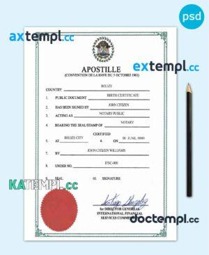 sample Belize birth certificate, Apostille PSD template, completely editable, version 2 download