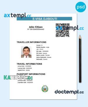sample Djibouti e-visa PSD template, fully editable download
