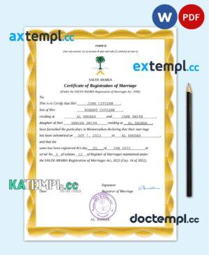 sample Saudi Arabia marriage certificate Word and PDF template, completely editable download