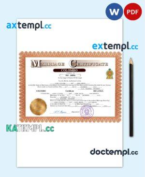 sample Sri Lanka marriage certificate Word and PDF template, completely editable download