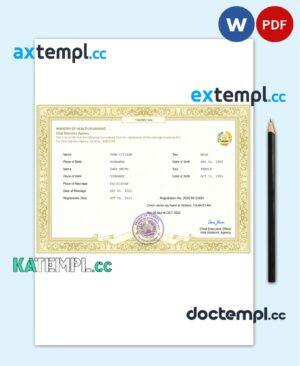 sample Tajikistan marriage certificate Word and PDF template, fully editable download