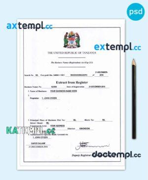 sample Tanzania business registration certificate PSD template, version 2 download